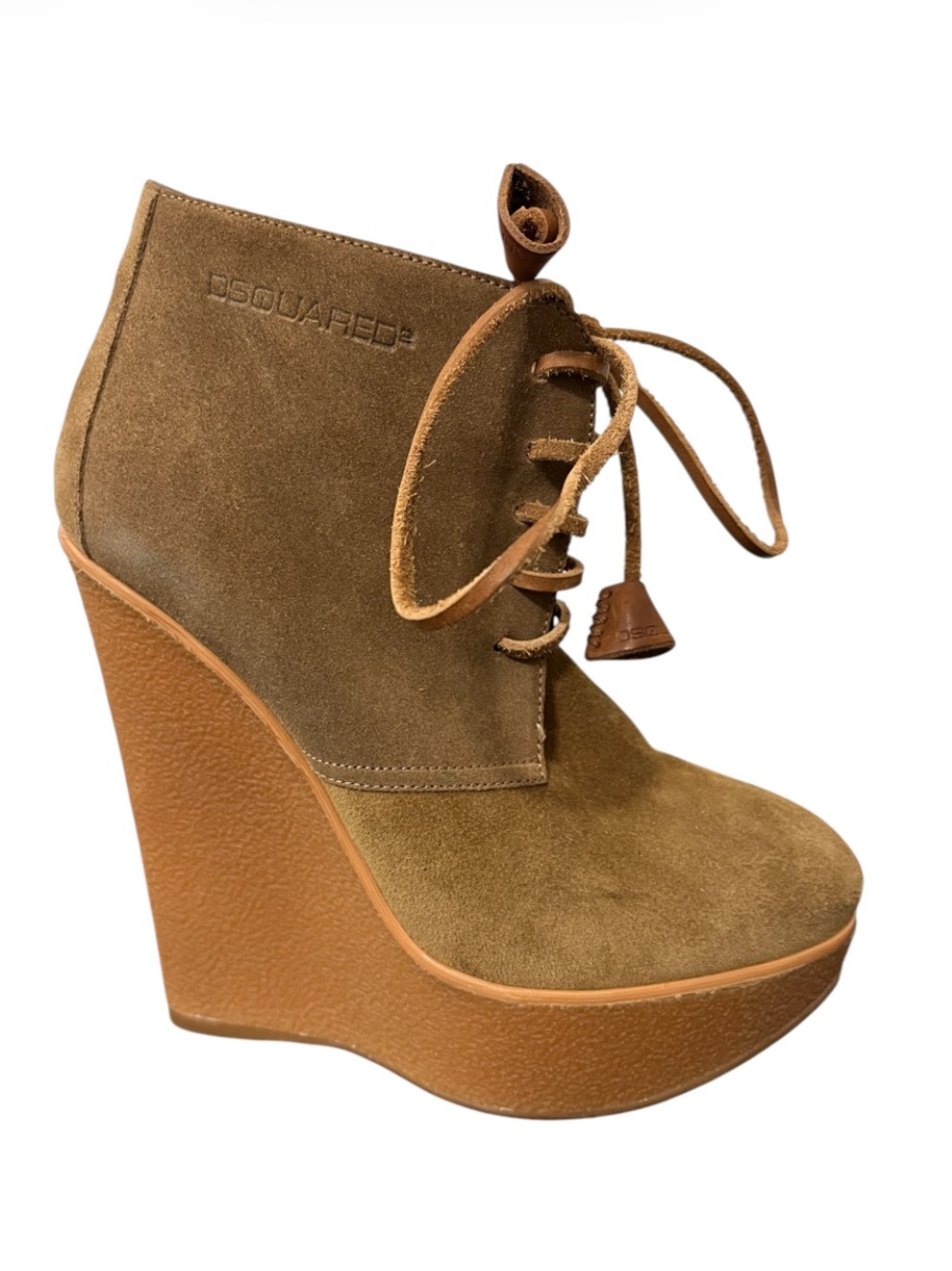 DSQUARED2 Tan Brown Suede Lace-Up Platform Wedge Ankle Boot - Made in Italy